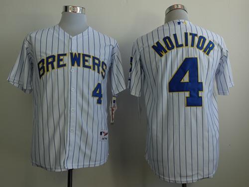 Brewers #4 Paul Molitor White (Blue Strip) Stitched MLB Jersey - Click Image to Close